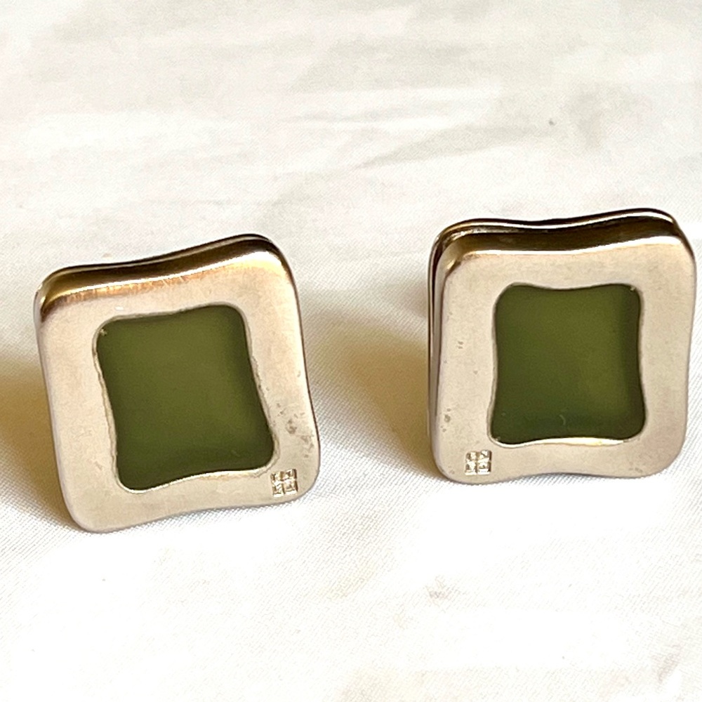 GIVENCHY Vintage Brushed SilverTone Green Resin Clip Earrings
